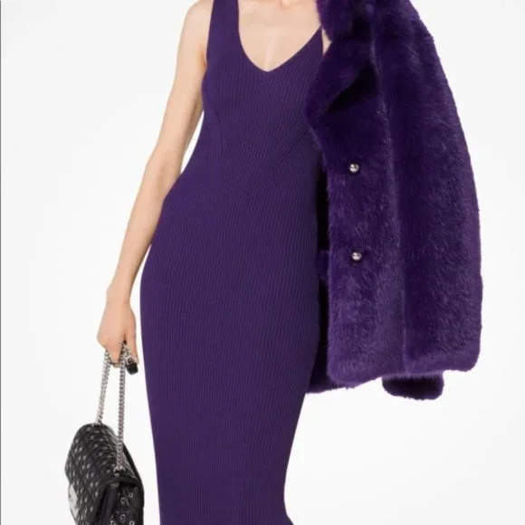 michael kors purple sweater dress Michael Michael Kors, Ribbed V-Neck Sweater Dress, Purple, XXS